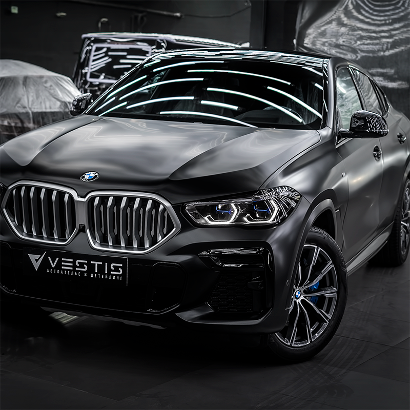 BMW X6 - Полная оклейка в матовую пленку Suntek, защитные стекла на мультимедиа и приборку, шумоизоляция дверей и колесных арок, тонирование оптики